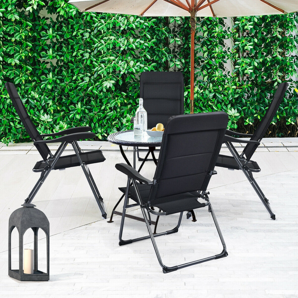 Set of 4 black patio folding chairs with adjustable backrests, perfect for outdoor relaxation and dining.
