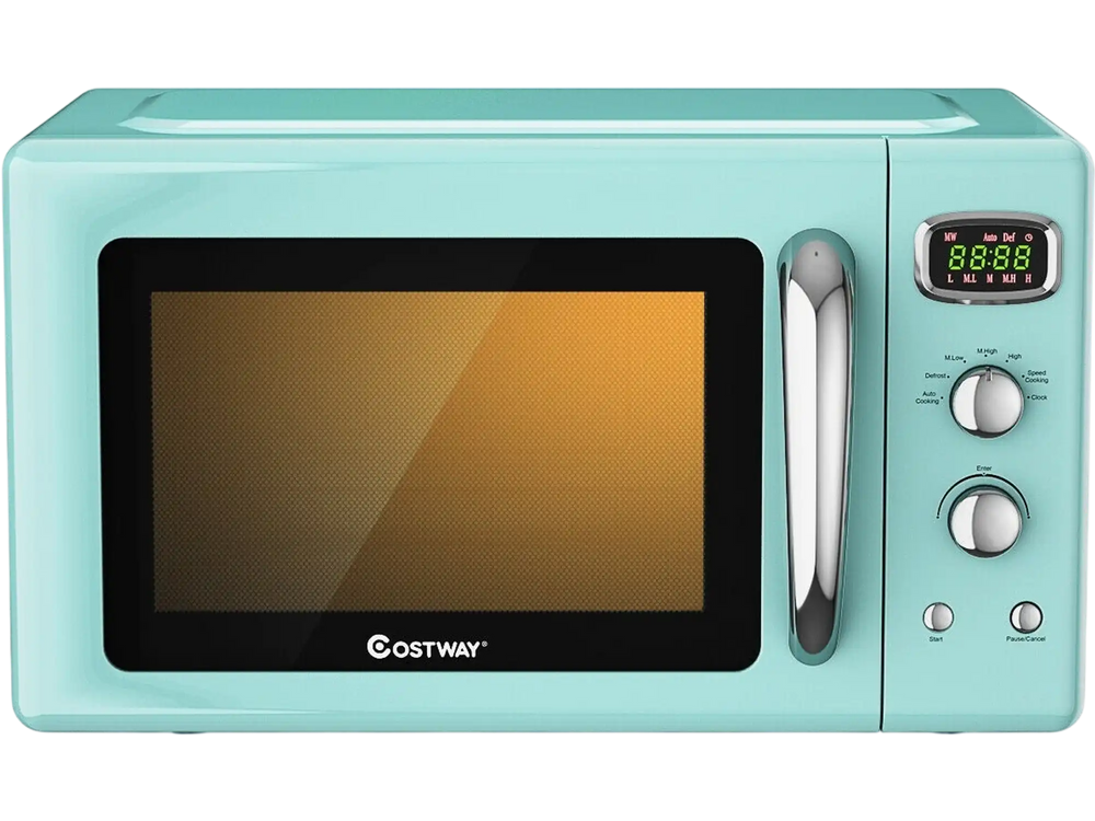 Retro green countertop microwave oven with 0.9 cu.ft capacity, featuring a glass turntable and LED display for easy.
