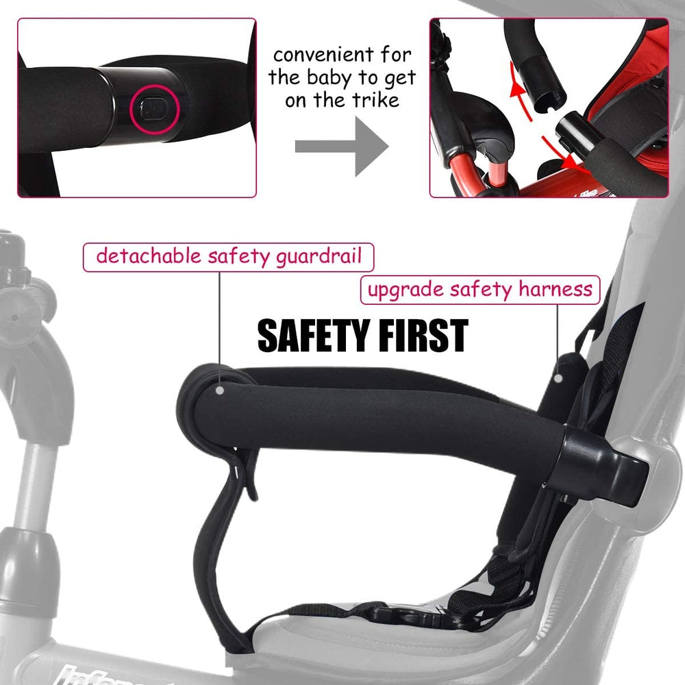 Detail of the adjustable safety guardrail and harness on the 4-in-1 kids tricycle for secure riding.