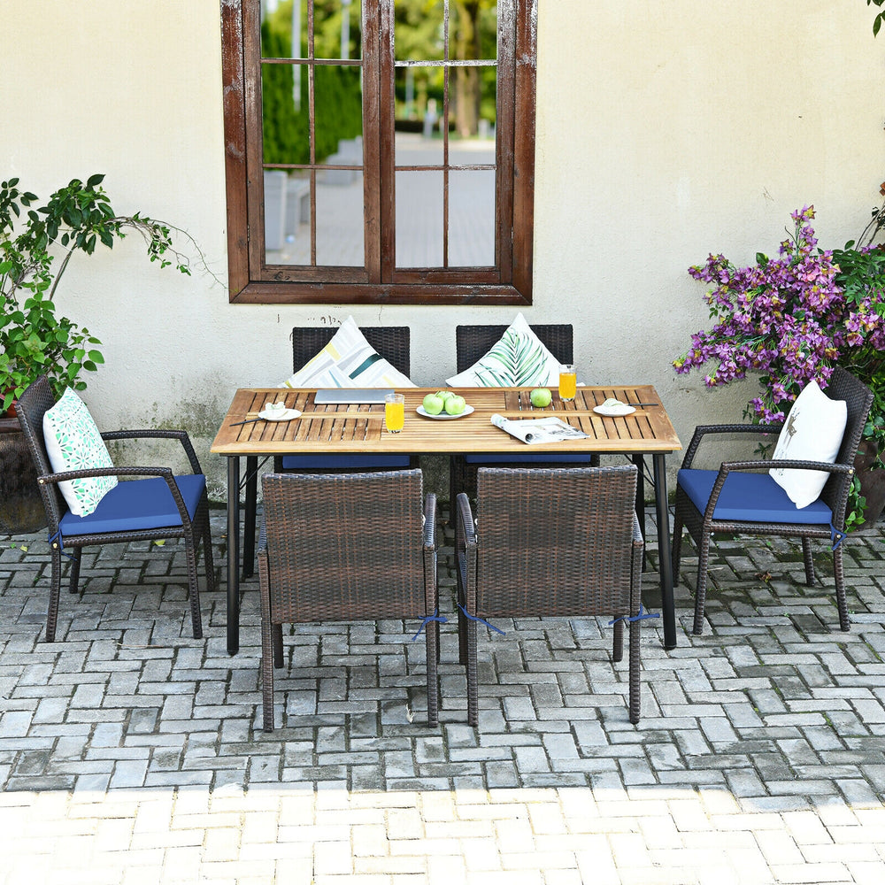 7Pcs Patio Rattan Cushioned Dining Set with Umbrella Hole-Navy - Gallery View 1 of 10