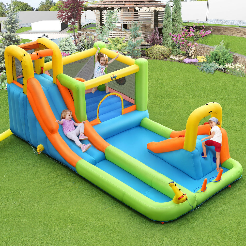 Colorful 8 in 1 inflatable water slide park with climbing wall, slides, and safety netting for outdoor fun.