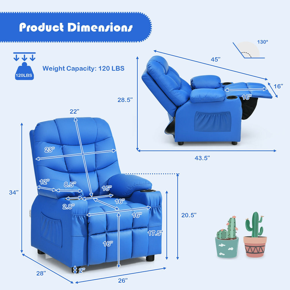 Kids recliner chair in blue with cup holder and footrest, designed for comfort and stability, ideal for children.