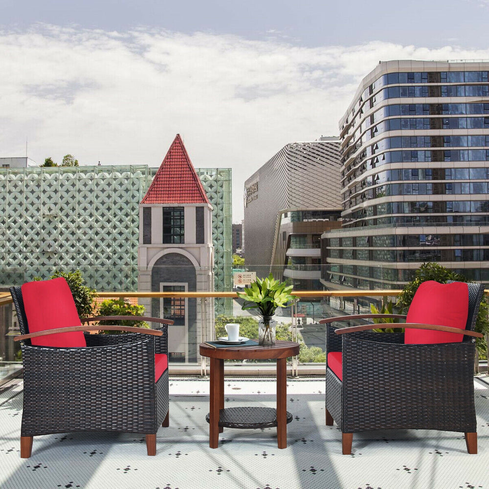3 Pieces Patio Rattan Furniture Set with Washable Cushion and Acacia Wood Tabletop-Red - Gallery View 1 of 12