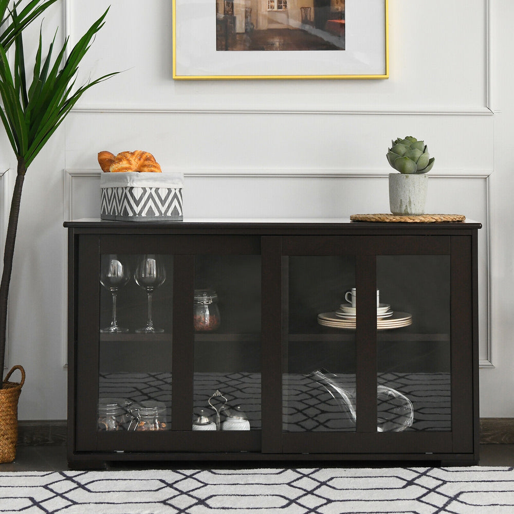 Brown sideboard buffet cabinet with sliding tempered glass doors, featuring a spacious top and contemporary design for.