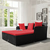 Spacious outdoor rattan daybed showcasing thick red cushions and a stylish design, ideal for outdoor lounging and.