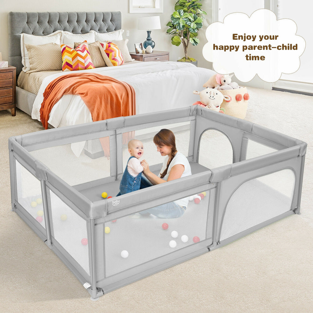 Extra-large gray safety baby fence with 50 ocean balls, spacious for play and learning, featuring breathable mesh and.