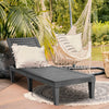 Black outdoor recliner chair with adjustable backrest, perfect for patio or poolside relaxation.