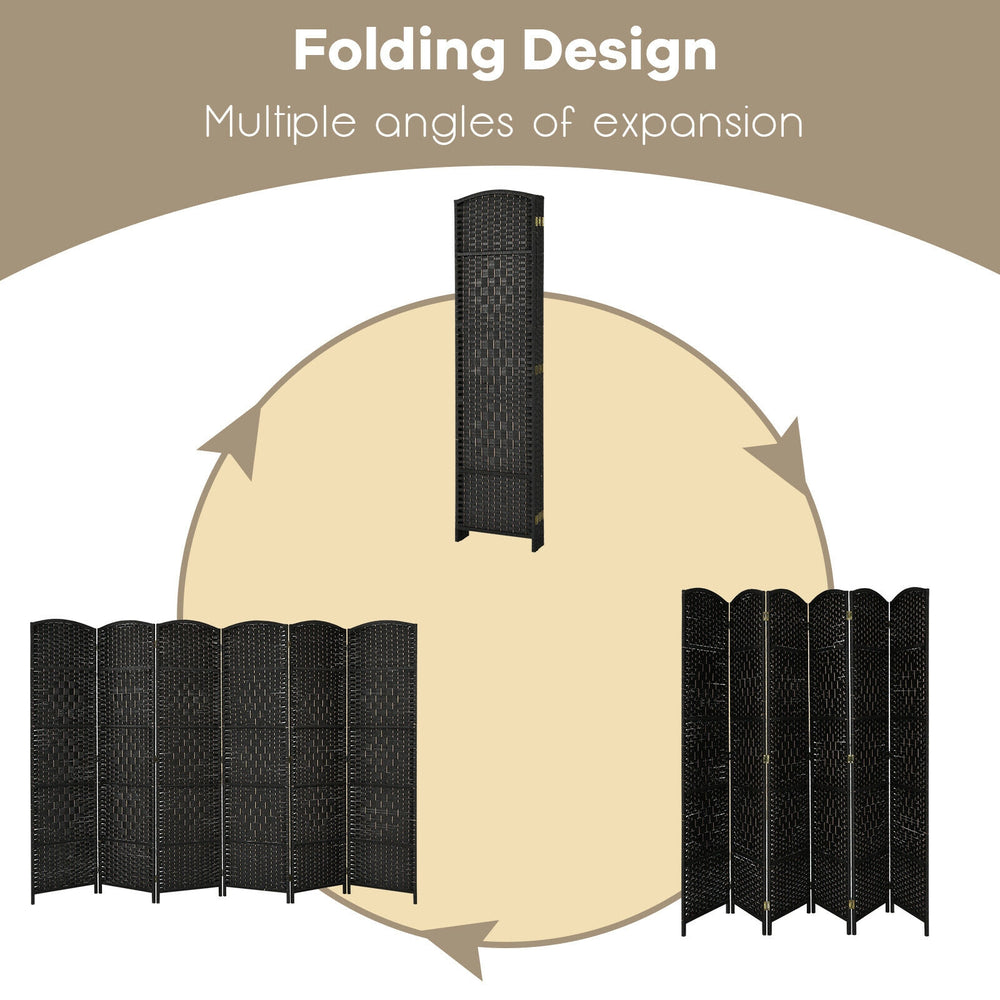 6-panel black weave folding room divider screen, 6.5 ft tall, ideal for creating private spaces in various settings.