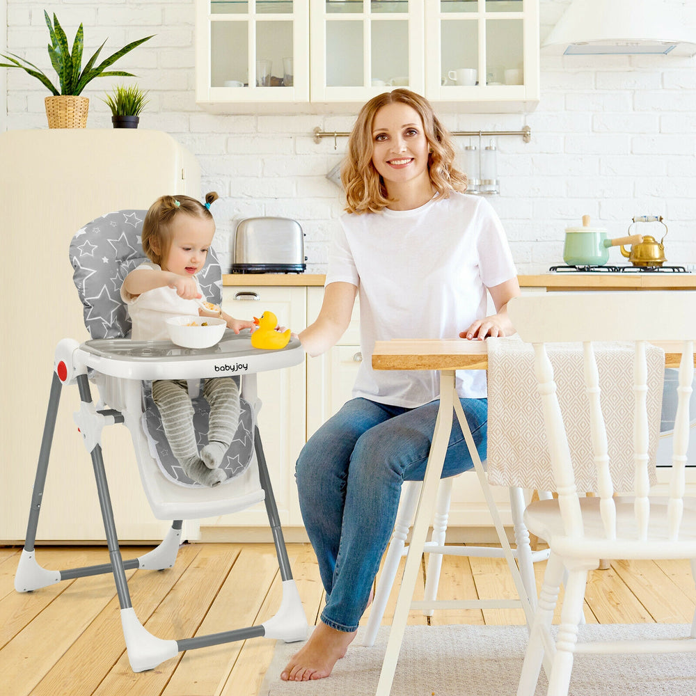 Folding baby high dining chair in gray with adjustable height, detachable tray, and soft cushion for comfortable.