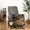 Gray rocking high back upholstered lounge armchair with side pocket, perfect for nursery or living room relaxation.