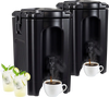 Set of 2 black insulated beverage dispensers with ergonomic handles, ideal for catering and outdoor events.