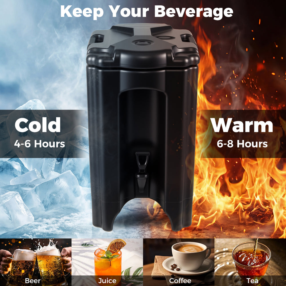 Insulated beverage dispenser in black, 4.4 gallons capacity, keeps drinks cold for 4-6 hours and hot for 6-8 hours.