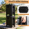 Stacked black insulated beverage dispensers with ergonomic handles, ideal for catering and outdoor events.
