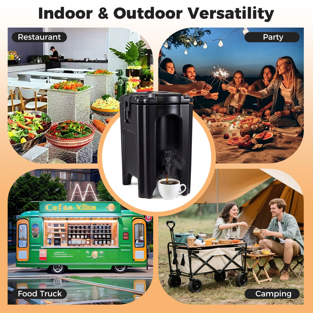 4.4-gallon black insulated beverage dispenser with ergonomic handles, perfect for parties, camping, and catering events.