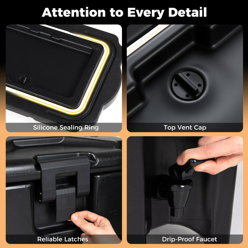 Close-up of the drip-proof faucet and reliable latches on a black insulated beverage dispenser for easy pouring.