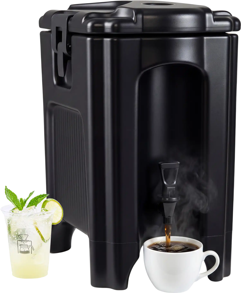 Insulated 4.4-gallon black beverage dispenser with handles and drip-proof faucet, ideal for serving hot or cold drinks.