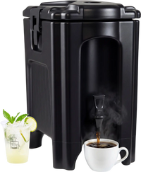 Insulated 4.4-gallon black beverage dispenser with handles and drip-proof faucet, ideal for serving hot or cold drinks.