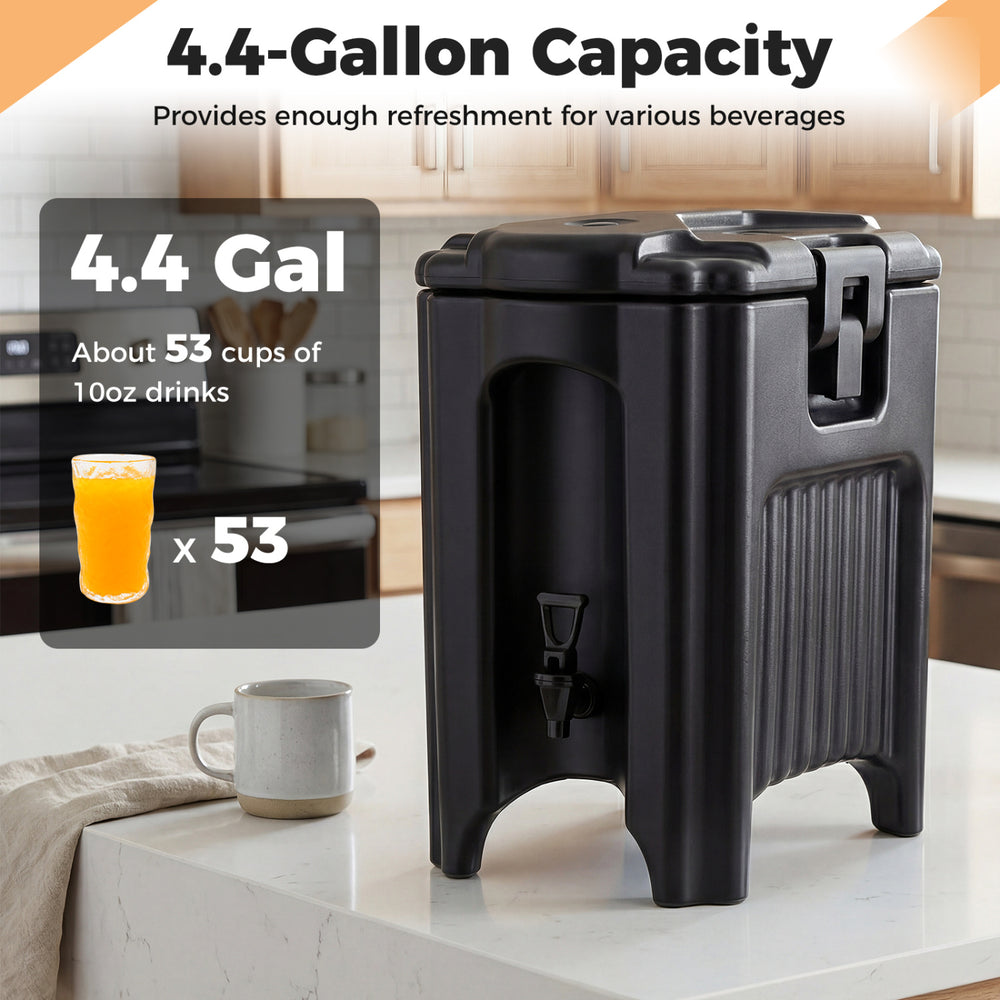 Insulated 4.4-gallon beverage dispenser in black with handles and drip-proof faucet, ideal for serving drinks.