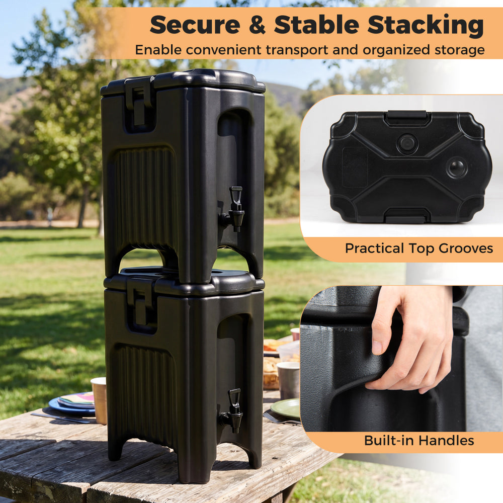 Stacked black insulated beverage dispensers with built-in handles and drip-proof faucet for outdoor events.