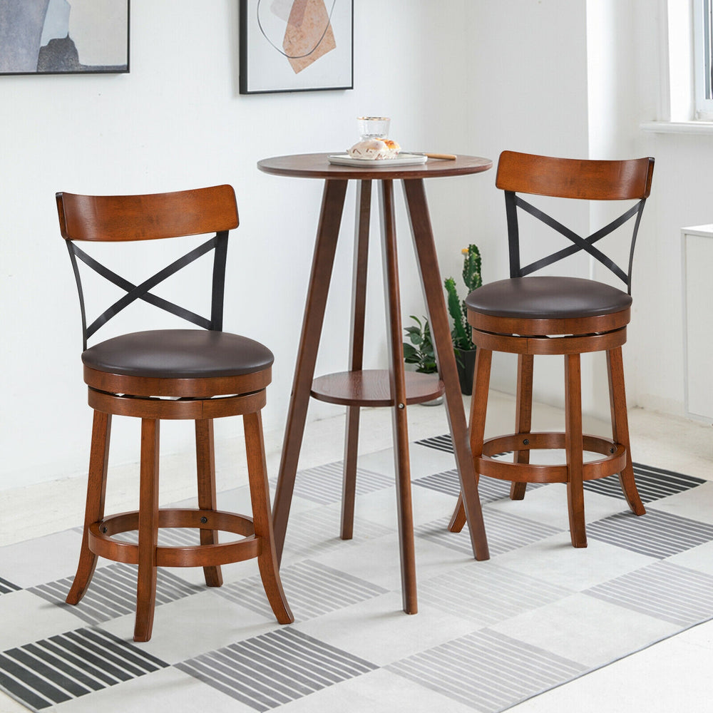 Set of 2 bar stools with rubber wood legs, 360-degree swivel, and soft cushions, perfect for kitchens or bars.
