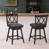 Set of 2 black swivel counter height barstools with rubber wood legs, ideal for home or pub use.