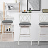 Set of 2 white swivel counter height barstools with rubberwood legs and gray PVC leather cushions for versatile seating.