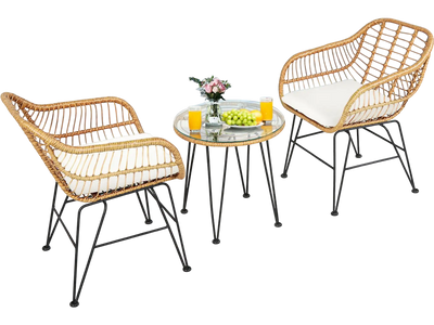 Costway 3-Piece Rattan Patio Furniture Set Cushioned Chairs Table White 84250169 New