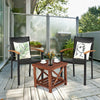 Two outdoor patio chairs with mix-brown PE rattan and acacia wood armrests, perfect for backyard relaxation.