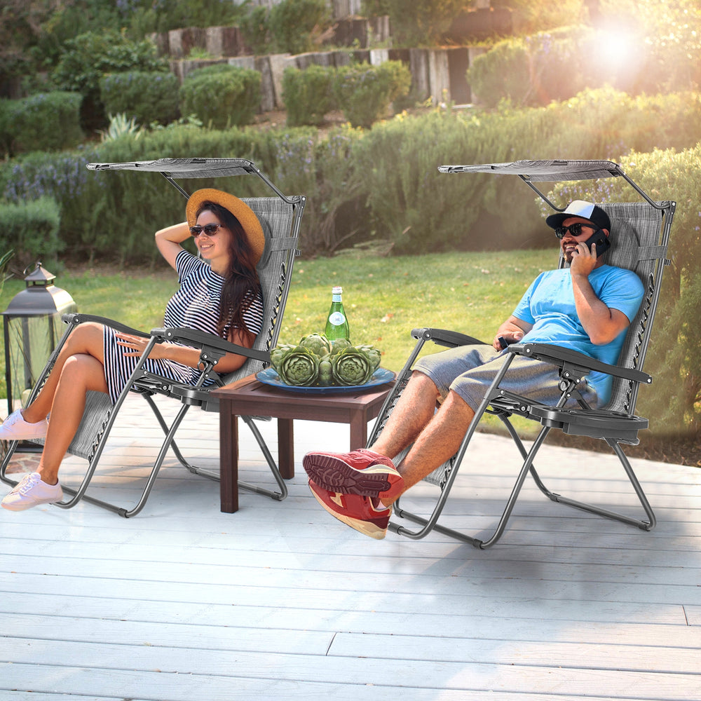 Folding Recliner Lounge Chair with Shade Canopy Cup Holder-Gray - Gallery View 1 of 9