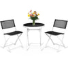 Folding bistro set featuring two black textile chairs and a round glass-top table, ideal for outdoor spaces.