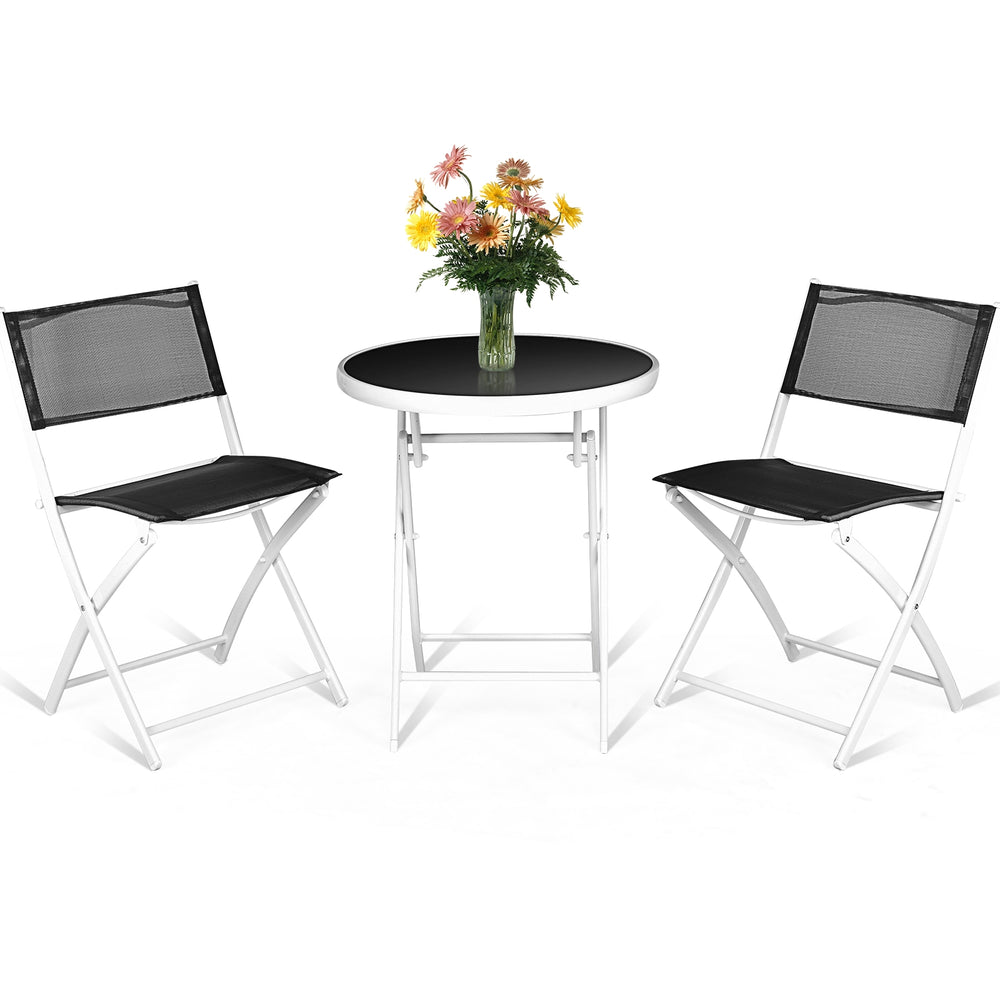 Folding bistro set featuring two black textile chairs and a round glass-top table, ideal for outdoor spaces.