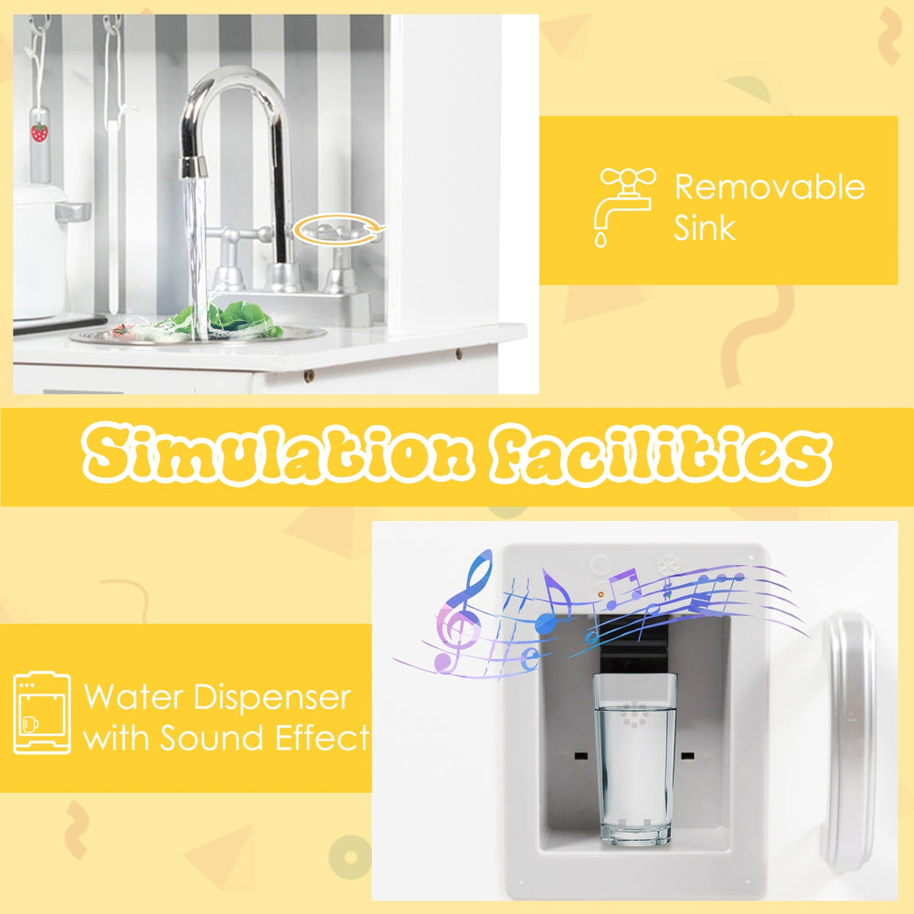 Wooden pretend play kitchen set featuring a removable sink and water dispenser with sound effects for realistic play.