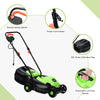 13-inch electric push lawn mower in green with a 30L grass collection bag and ergonomic handle for easy maneuvering.
