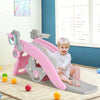 Pink 4-in-1 toddler slide and rocking horse playset with basketball hoop, designed for safe indoor play and development.