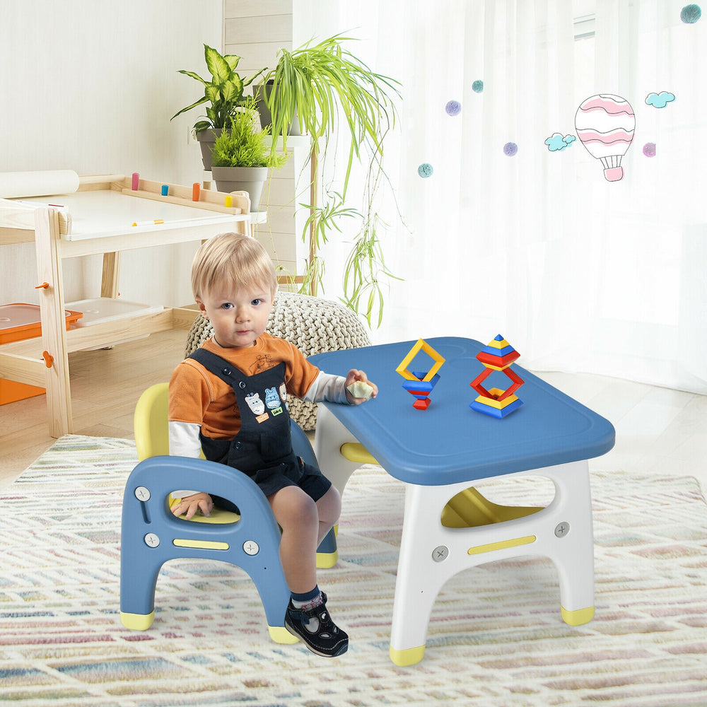 Kids activity table and chair set in blue with ergonomic design, featuring Montessori toys for preschool fun.