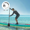 Inflatable stand-up paddleboard with adjustable aluminum paddle, ideal for water activities like surfing and fishing.