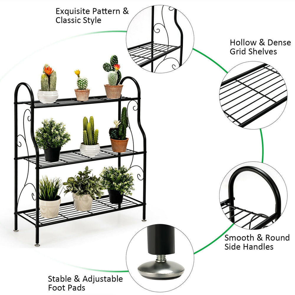 3-tier black metal plant stand with scrollwork design, featuring sturdy shelves for plants and adjustable foot pads for.