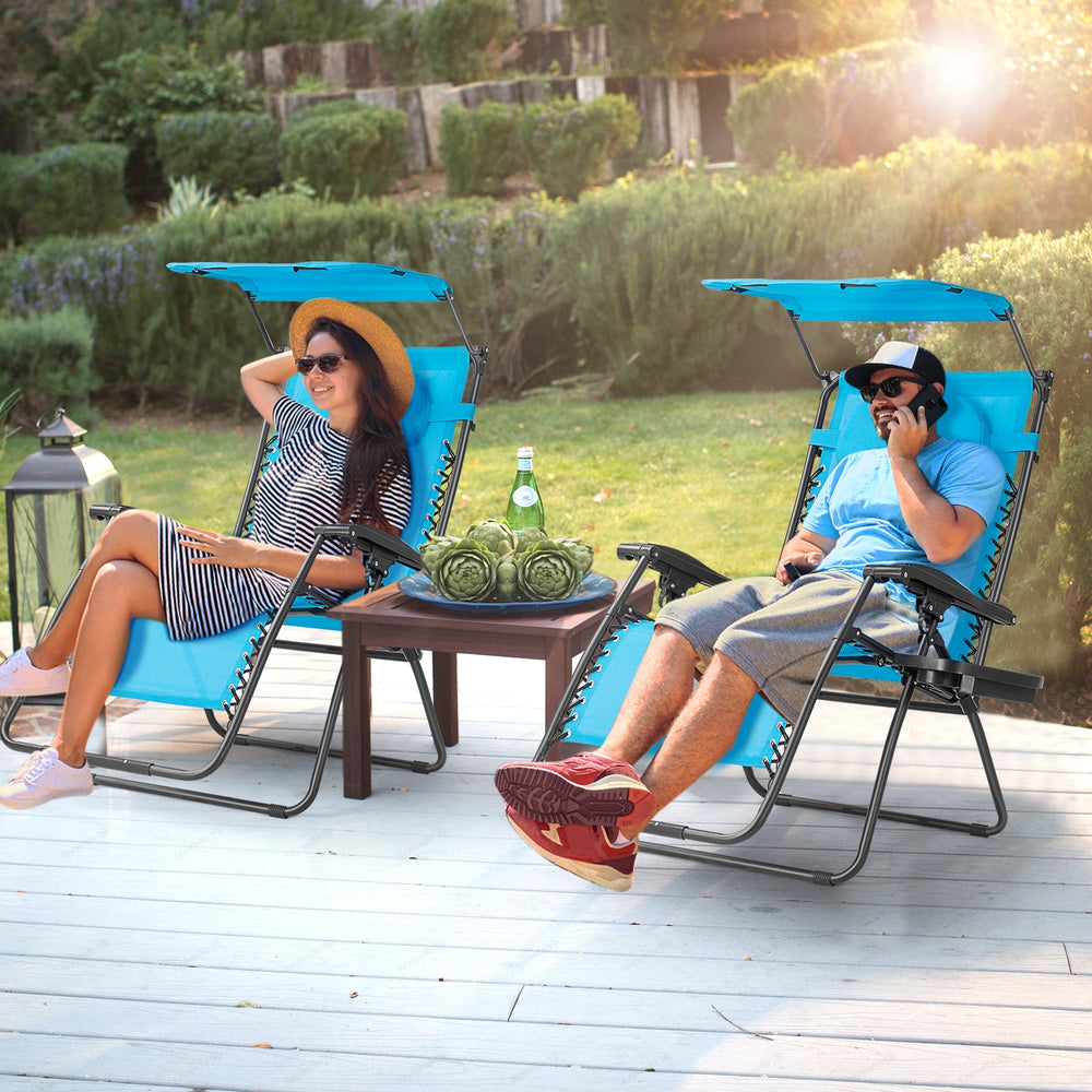 Folding Recliner Lounge Chair with Shade Canopy Cup Holder-Blue - Gallery View 1 of 9