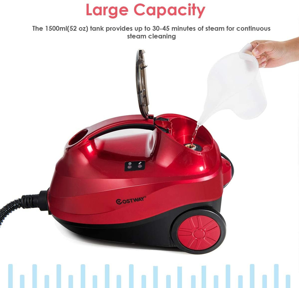 Red 2000W steam cleaner with 1.5L tank, providing 30-45 minutes of steam for effective cleaning without chemicals.