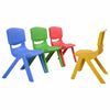 Colorful stackable plastic children chairs in blue, green, red, and yellow, perfect for playrooms and daycare settings.