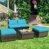 5-piece patio rattan furniture set featuring a turquoise cushioned armless sofa and coffee table, ideal for outdoor.