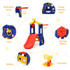 Freestanding kids slide with basketball hoop, ring toss, and climbing features for indoor and outdoor fun.