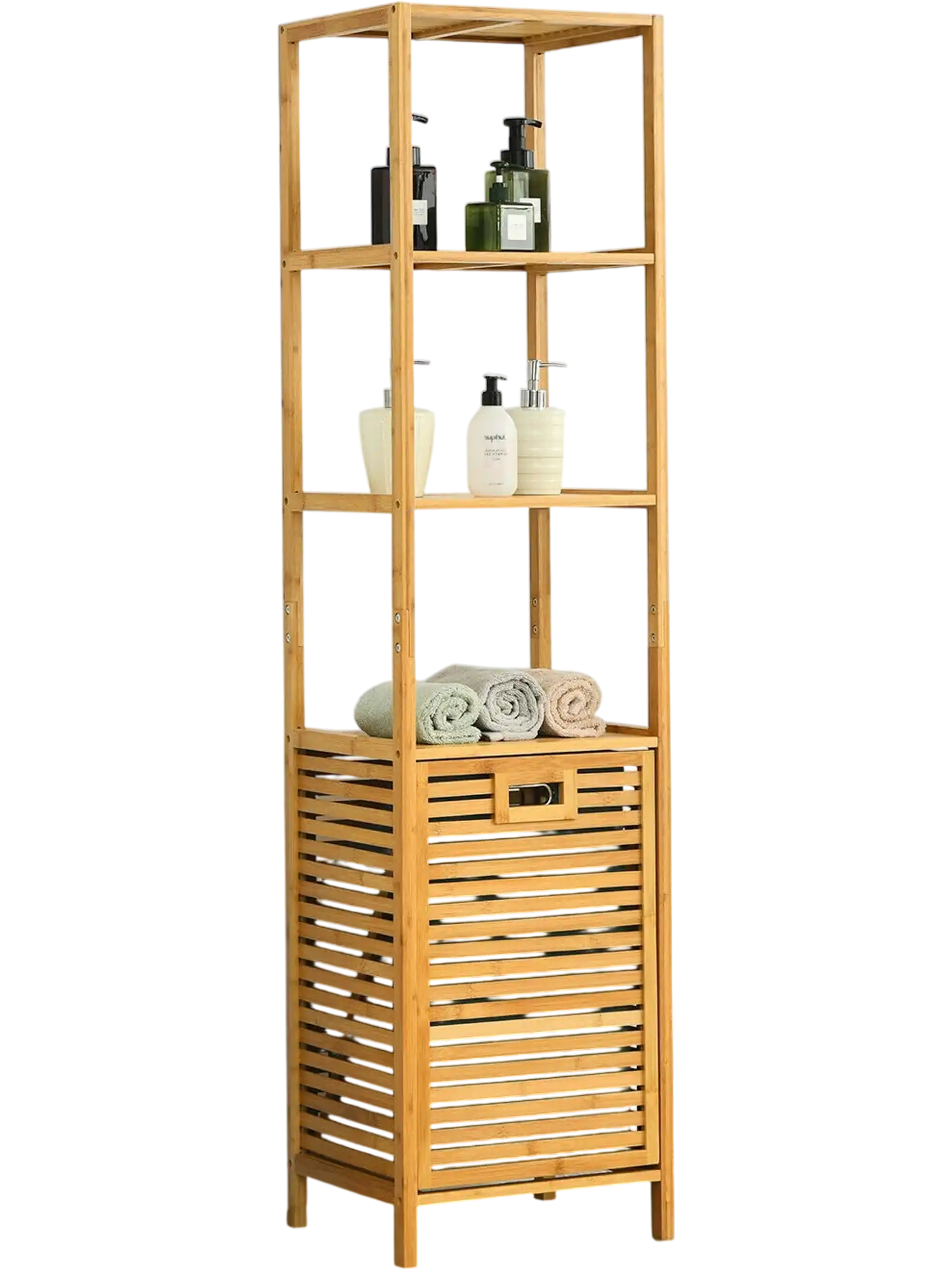 Costway Bamboo Tower Laundry Hamper Organizer 3-Tier Storage Shelves Natural 86412359 New