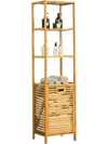 Bamboo tower hamper organizer with 3-tier shelves for bathroom storage, featuring a tilt-out laundry compartment.
