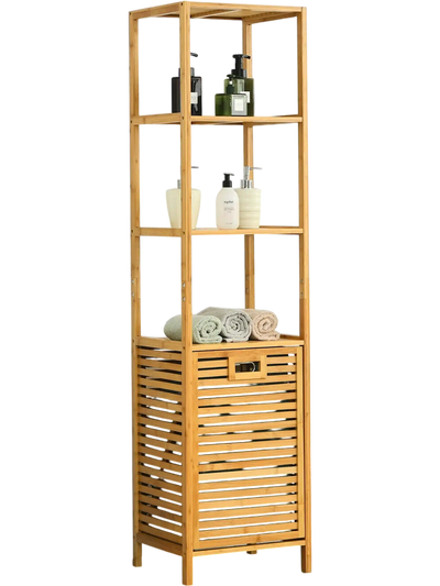 Costway Bamboo Tower Laundry Hamper Organizer 3-Tier Storage Shelves Natural 86412359 New
