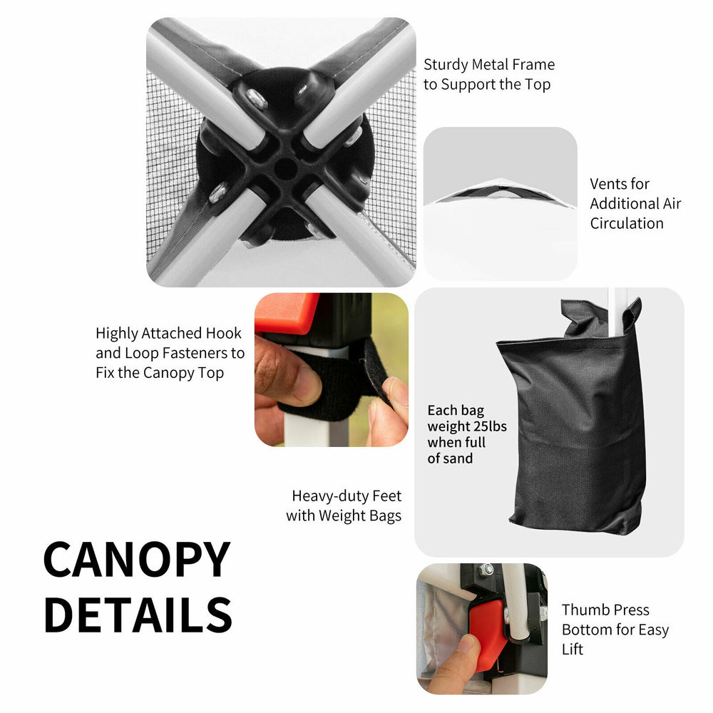 Detail of the 6.6 x 6.6 FT pop-up canopy tent showing sturdy metal frame, weight bags, and thumb press for easy lift.