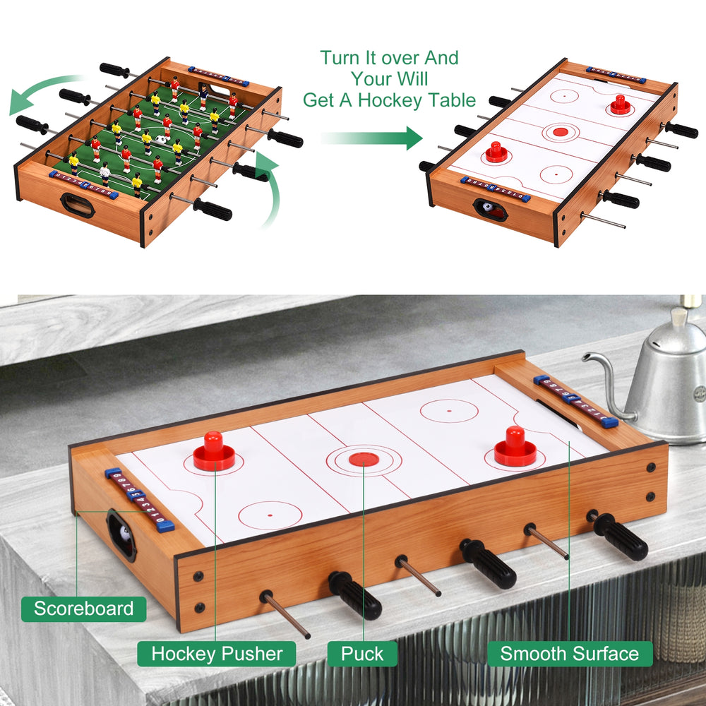 2-in-1 air hockey and foosball game table with smooth surface, scoreboard, and included game components for.