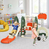 Toddler slide and swing set in orange with ball games, featuring a long slide, adjustable swing, and safety harness.