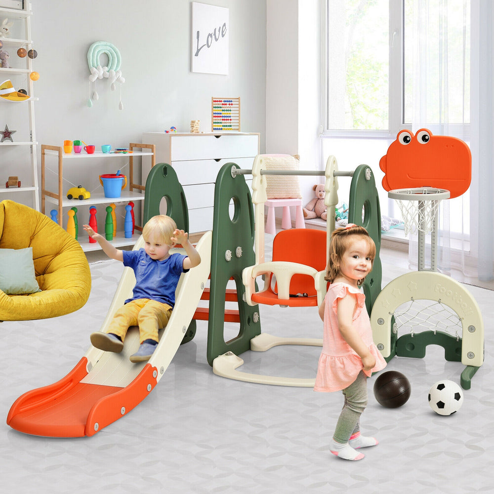 Toddler slide and swing set in orange with ball games, featuring a long slide, adjustable swing, and safety harness.