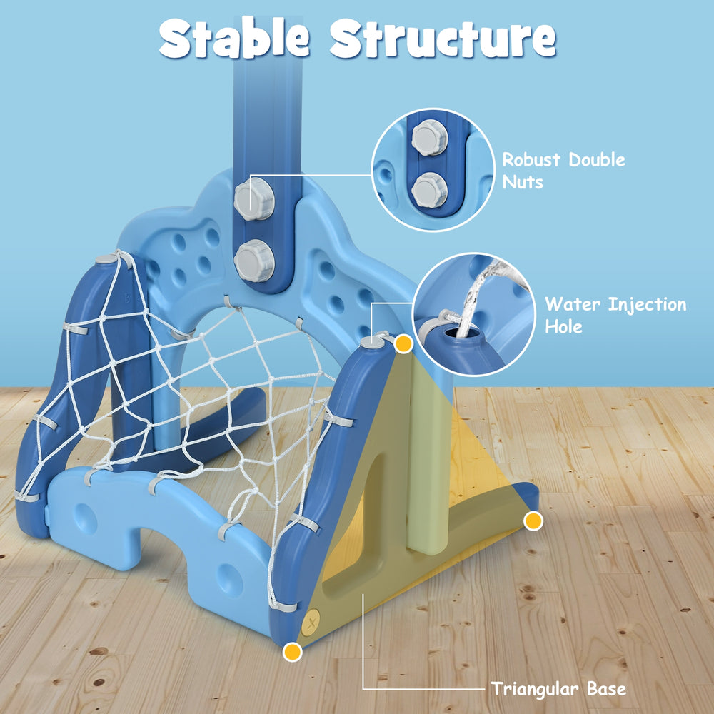 Stable triangle base of the 3-in-1 kids basketball hoop set, featuring water injection hole and robust double nuts for.
